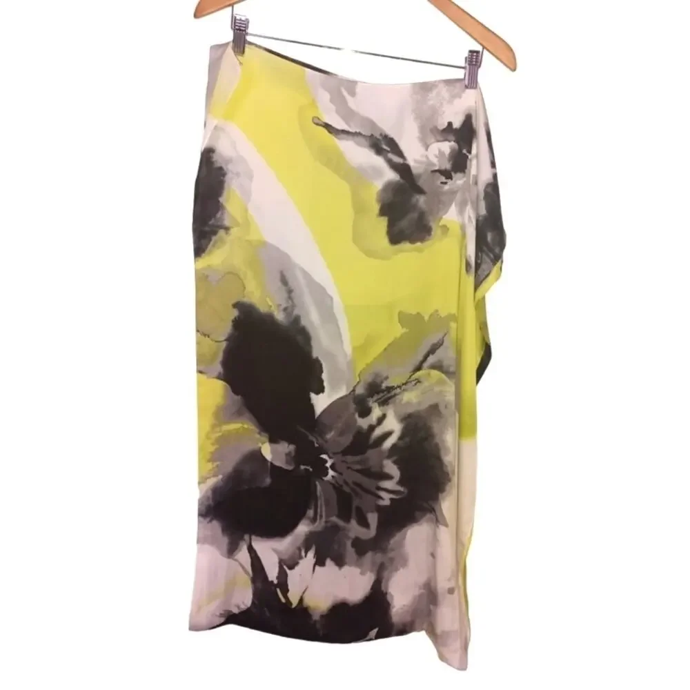 Abstract Print Satin-Feel Rectangular Fashion Scarf Yellow Gray Black OS